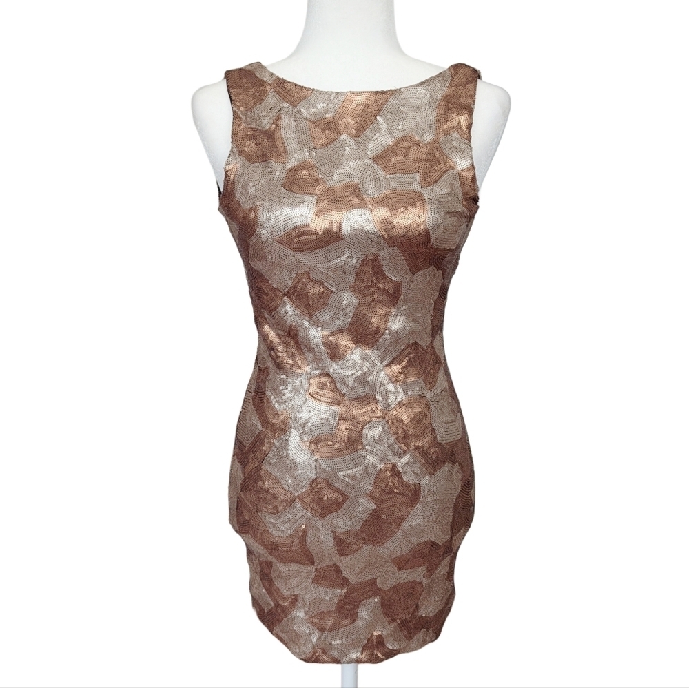 Blush Tan Brown Metallic Open Back Sequin Mini Dress Size Small
